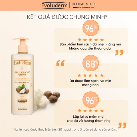 Gel tắm thiên nhiên thuần chay Evoluderm tinh chất bơ hạt mỡ 500ml