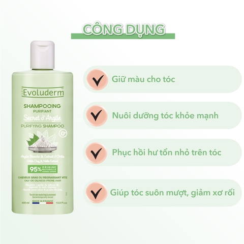 Dầu gội thiên nhiên không Silicon Evoluderm chiết xuất cây Nettle và bùn trắng dành cho tóc dầu 400ml