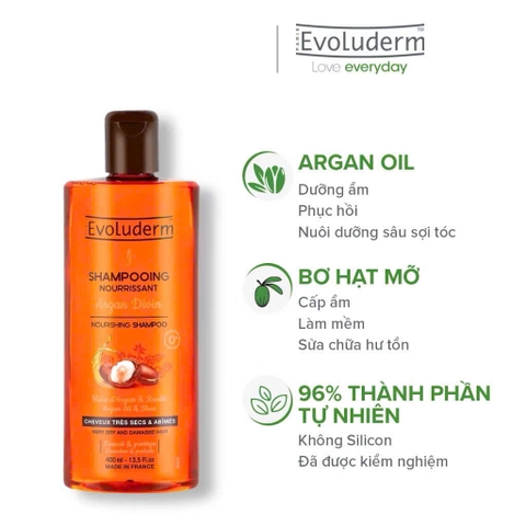 Dầu gội thiên nhiên không Silicon Evoluderm chiết xuất tinh dầu Argan dành cho tóc khô & hư tổn 400ml