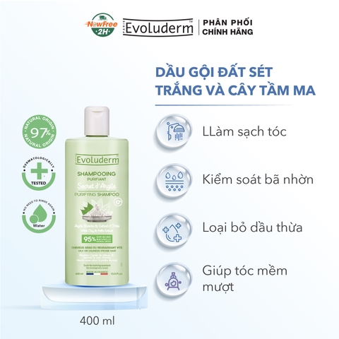Dầu gội thiên nhiên không Silicon Evoluderm chiết xuất cây Nettle và bùn trắng dành cho tóc dầu 400ml