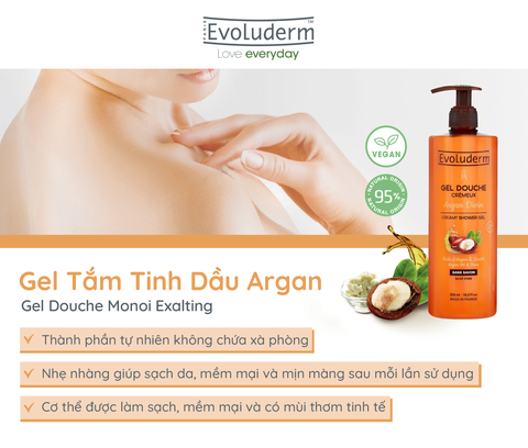 Gel tắm thiên nhiên thuần chay Evoluderm tinh chất Argan 500ml