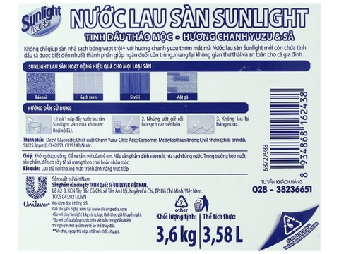 Nước lau sàn Sunlight Sả Chanh 3.6kg