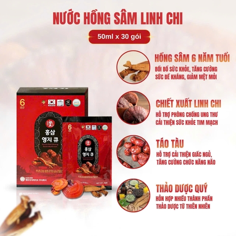 Thực phẩm bổ sung nước hồng sâm linh chi Hàn Quốc - Korean Red Ginseng Reishi Mushroom 50ml/gói, 30 gói/hộp