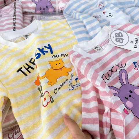 SET 3 ÁO PHÔNG GIẤY DÀI TAY KẺ HỒNG XANH VÀNG CHO BÉ
