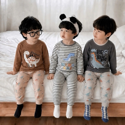 SET 3 BỘ DÀI TAY KHỦNG LONG KẺ XÁM NÂU CHO BÉ