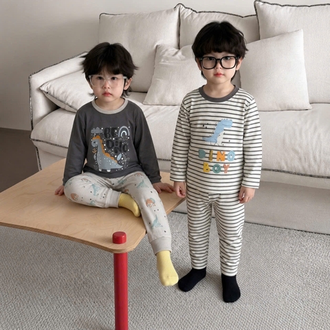 SET 3 BỘ DÀI TAY KHỦNG LONG KẺ XÁM NÂU CHO BÉ