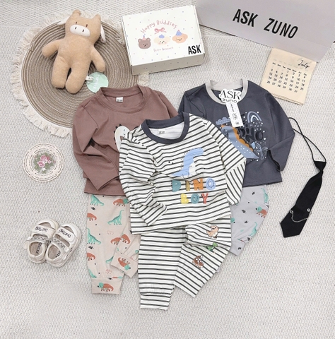 SET 3 BỘ DÀI TAY KHỦNG LONG KẺ XÁM NÂU CHO BÉ