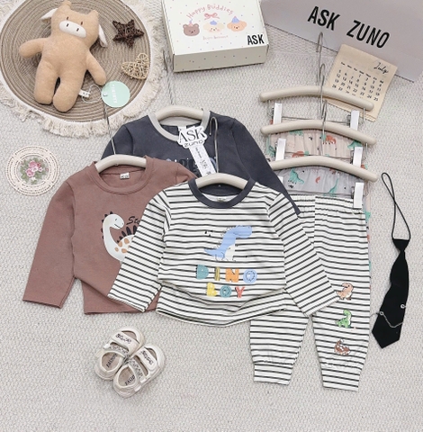 SET 3 BỘ DÀI TAY KHỦNG LONG KẺ XÁM NÂU CHO BÉ