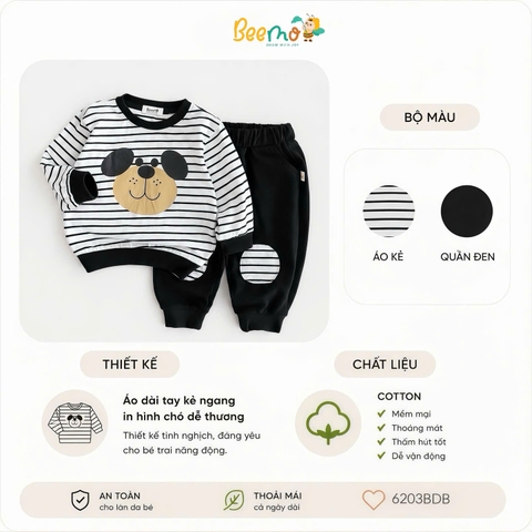 BỘ COTTON KẺ NGANG DÀI TAY IN HÌNH CHÚ CHÓ ĐÁP GỐI CHO BÉ