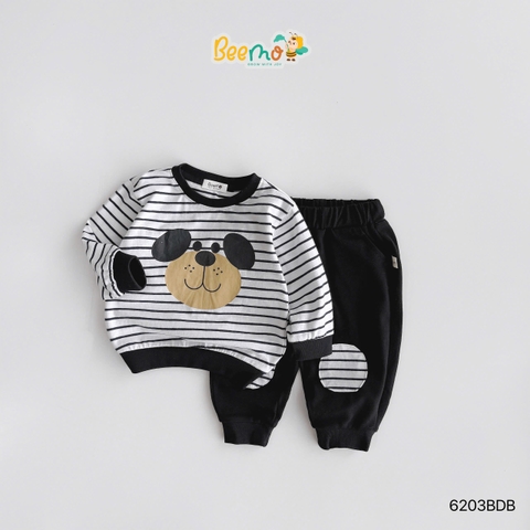 BỘ COTTON KẺ NGANG DÀI TAY IN HÌNH CHÚ CHÓ ĐÁP GỐI CHO BÉ