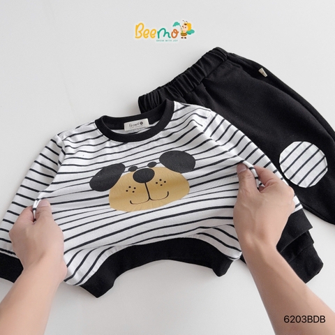 BỘ COTTON KẺ NGANG DÀI TAY IN HÌNH CHÚ CHÓ ĐÁP GỐI CHO BÉ