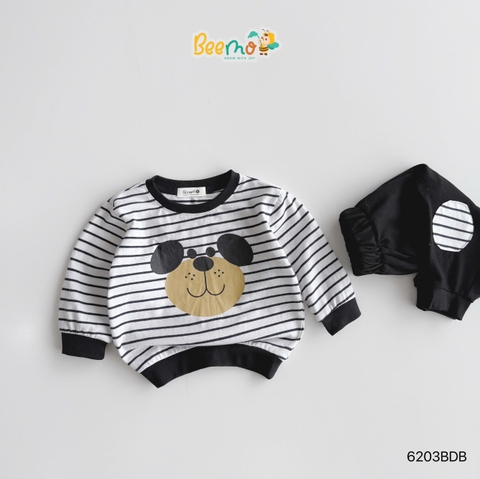 BỘ COTTON KẺ NGANG DÀI TAY IN HÌNH CHÚ CHÓ ĐÁP GỐI CHO BÉ