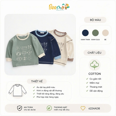ÁO COTTON DÀI TAY BEEMO IN HÌNH THÚ CHO BÉ