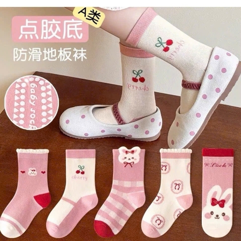 SET 5 ĐÔI TẤT CHỐNG TRƯỢT CHERRY HỒNG CHO BÉ