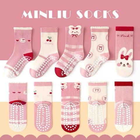 SET 5 ĐÔI TẤT CHỐNG TRƯỢT CHERRY HỒNG CHO BÉ