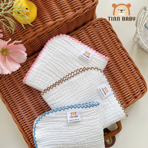 SET KHĂN SỮA, KHĂN MẶT XÔ MUSLIN TONE TRẮNG VIỀN RODE CHO BÉ