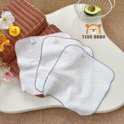 SET KHĂN SỮA, KHĂN MẶT XÔ MUSLIN TONE TRẮNG VIỀN RODE CHO BÉ