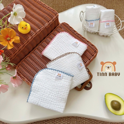 SET KHĂN SỮA, KHĂN MẶT XÔ MUSLIN TONE TRẮNG VIỀN RODE CHO BÉ