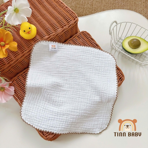 SET KHĂN SỮA, KHĂN MẶT XÔ MUSLIN TONE TRẮNG VIỀN RODE CHO BÉ