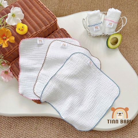 SET KHĂN SỮA, KHĂN MẶT XÔ MUSLIN TONE TRẮNG VIỀN RODE CHO BÉ