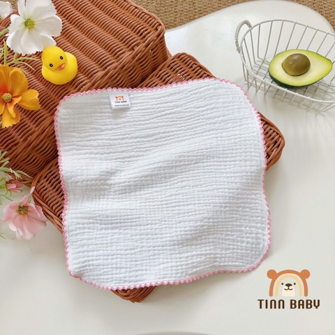 SET KHĂN SỮA, KHĂN MẶT XÔ MUSLIN TONE TRẮNG VIỀN RODE CHO BÉ