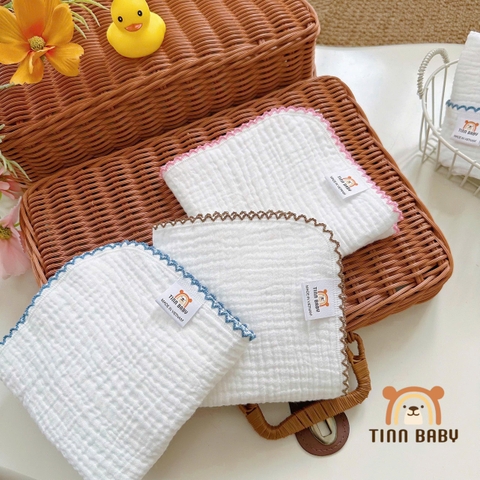 SET KHĂN SỮA, KHĂN MẶT XÔ MUSLIN TONE TRẮNG VIỀN RODE CHO BÉ