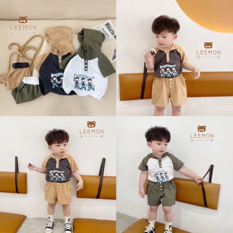 BỘ RAGLAN PHỐI MŨ IN GẤU CHO BÉ