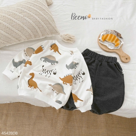 BỘ NỈ DA CÁ DÀI TAY IN HÌNH KL CHO BÉ