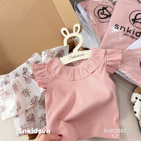 SET ÁO THUN GÂN HỒNG CAM MIX CHÂN VÁY HOA