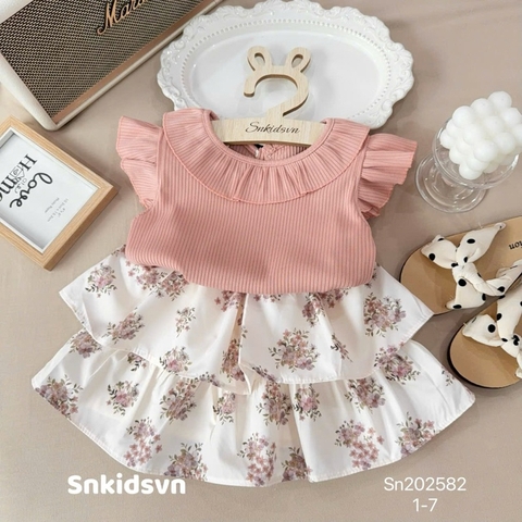SET ÁO THUN GÂN HỒNG CAM MIX CHÂN VÁY HOA