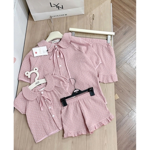 SET BỘ MẸ VÀ BÉ XÔ MUSLIN HỒNG CHẤM BI