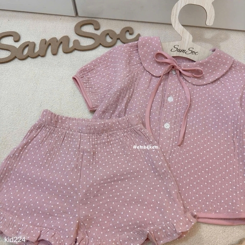 SET BỘ MẸ VÀ BÉ XÔ MUSLIN HỒNG CHẤM BI