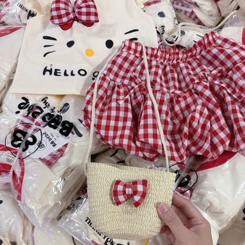 SET MÈO NƠ KẺ KÈM KHĂN VÀ TÚI CHO BÉ