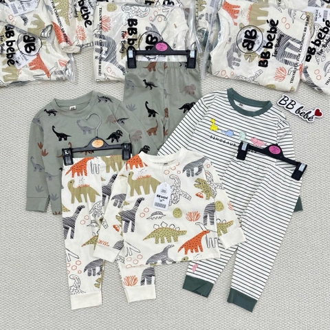 SET 3 BỘ DÀI TAY KHỦNG LONG KẺ XANH BE