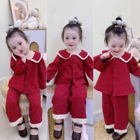 BỘ PIJAMA DÀI TAY ĐỎ XÔ MUSLIN