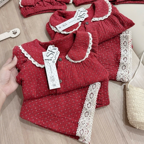 BỘ PIJAMA DÀI TAY ĐỎ XÔ MUSLIN