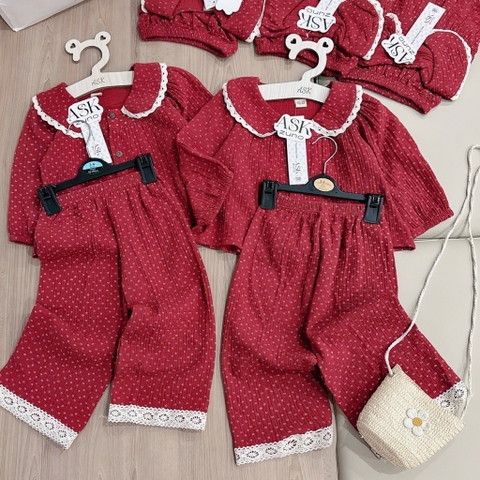 BỘ PIJAMA DÀI TAY ĐỎ XÔ MUSLIN