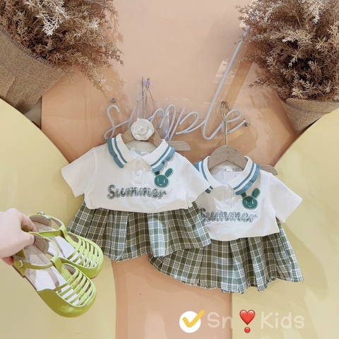 SET ÁO POLO SUMMER MIX CHÂN VÁY KẺ CHO BÉ