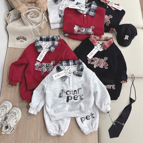 BỘ POLO NỈ PHỐI KẺ PAW PET CHO BÉ