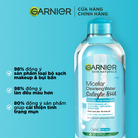 Nước Tẩy Trang Garnier Dành Cho Da Dầu Và Mụn 400ml (Mới) Micellar Cleansing Water For Oily & Acne-Prone Skin New 2023