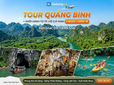 TOUR QUẢNG BÌNH TỪ TP. HỒ CHÍ MINH 3 NGÀY 2 ĐÊM: Phong Nha Kẻ Bàng - Động Thiên Đường - Biển Nhật Lệ - Suối nước Mooc