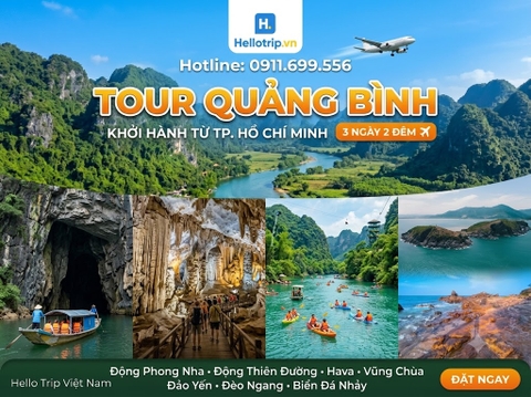 TOUR QUẢNG BÌNH TỪ TP. HỒ CHÍ MINH 3 NGÀY 2 ĐÊM: Động Phong Nha - Động Thiên Đường – Thung Lũng Ngọc Bích HaVa – Vũng Chùa Đảo Yến – Đèo Ngang – Biển Đá Nhảy