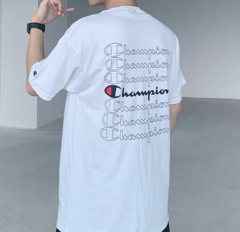 CHAMPION TAGLESS GRAPHIC FRONT LOGO 7 LINES TEE WHITE