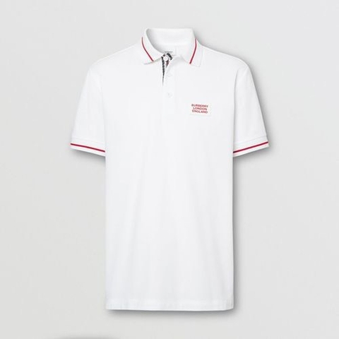 Polo Burberry Logo Applique Cotton Pique Polo Shirt White