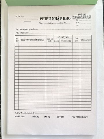 PHIẾU NHẬP KHO A4 1 LIÊN (QUYỂN)