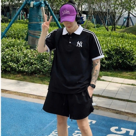 2724 - Áo Polo New Era NY Basic Đen Tay Sọc [HÀNG CHÍNH HÃNG]