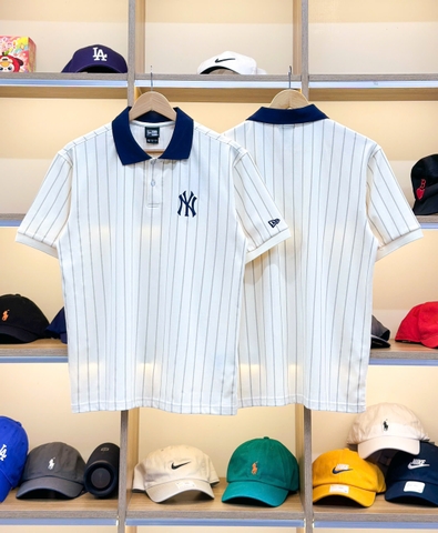 2161 - Áo Polo New Era NY Trắng Kem Sọc Xanh Navy [HÀNG CHÍNH HÃNG]