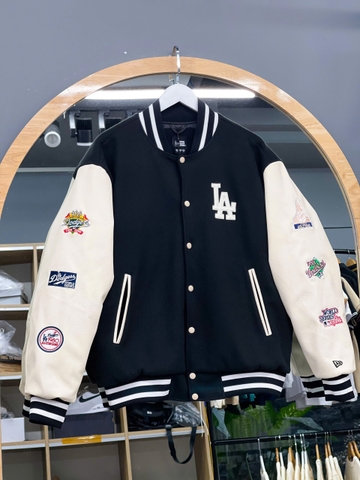 1295  - Áo khoác Bomber New Era Bóng Chày - Đen Tay Kem - Chữ LA Trắng [HÀNG CHÍNH HÃNG]