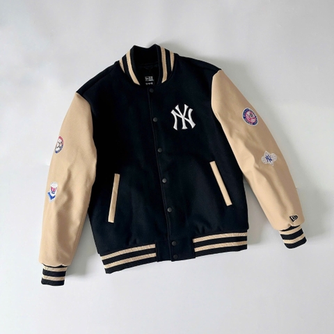 2043 - Áo Bomber New Era Nỉ Varsity NY New York Yankee Đen Tay Nâu [HÀNG CHÍNH HÃNG]