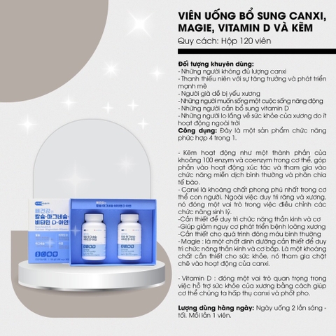 Viên uống bổ sung Canxi ,vitamin D và kẽm 120 viên (30ea)